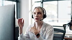 Call center, woman and consulting on microphone for support, help desk and advice for customer service. Telemarketing, female agent and talking for business crm, FAQ questions and about us in office