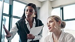 Presentation, woman and computer for teamwork on project, report or talking about feedback on work in business meeting. People, training and conversation with talk, manager and technology in office