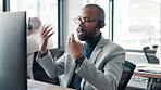 Employee, black man and computer at call center with chat for customer support and service. Office, crm and advisor or consultant in conversation, telemarketing and communication at help desk