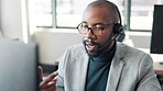 Employee, black man and computer for telemarketing with chat for customer support and service. Office, crm and advisor or consultant in conversation, call center and communication at help desk