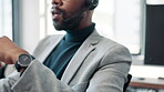 Call center, black man and headset with discussion in office for support, telecom or consulting. Businessman, mouth and technology with conversation for b2c assistance, customer service or crm advice