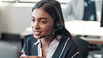 Face, Indian woman and computer at call center with chat for customer support and service. Office, crm and employee or consultant in conversation, telemarketing and communication at help desk