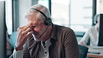 Headset, businessman and stress with headache in office for telecom, assistance and brain fog. Mature person, frustrated and tech with pain at work for b2c support, customer service or tension in eye