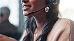 Customer support, call center and woman in office for talking, online help and consulting. Corporate, communication and mouth of person with headset for contact, crm service or telemarketing business