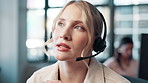 Customer support, sales call center and woman for talking, online help and consulting in office. Corporate, communication and person with headset for contact, crm service and telemarketing business