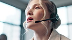 Customer support, call center and face of woman in office for talking, online help and consulting. Corporate, communication and person with headset for contact, crm service or telemarketing business