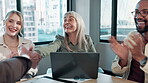 Handshake, CEO and business woman in meeting with recruitment, thank you and collaboration. Support, agreement and contract negotiation with shaking hands from partnership in office with team success