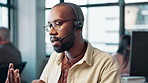 Customer support, call center and black man with headset for talking, online help and consulting. Corporate, communication and person for contact, crm service and telemarketing business in office