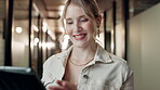 Lobby, businesswoman and tablet for scroll, research and online results with smile. Professional, career and female journalist with digital for read article, blog post and info with pride in office