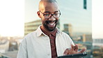 Man, tablet and happy on rooftop in city for planning, online research with website for corporate report. Male person, urban and glasses with ebook for project with networking, reading with smile