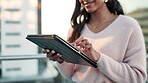 Balcony, hands and businesswoman with tablet for typing, research and online results with smile. Reading, career and Indian editor with digital for scroll article, blog post or information in rooftop