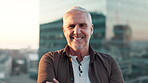 Mature man, city and smile in balcony with arms crossed in confidence as property developer. Real estate, project manager and happy on portrait for urban development with pride for career growth