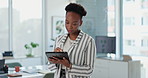 Black woman, design and schedule with tablet for business development, innovation or tasks at office. Young African, female person or employee writing on technology for project planning at workplace