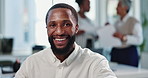 Happy, meeting and face of black man in office with company pride, confidence and business. Creative workspace, startup agency and portrait of worker laugh for career, job opportunity and work