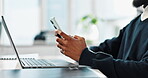 Hands, man and smartphone with office laptop, typing and browsing online on social networking app. Corporate, company and communication or checking email, professional and website or internet search