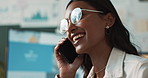 Smile, girl and phone call for conversation in home office for business proposal, networking and communication for schedule. Smartphone, woman and discussion for work update, client relation and task