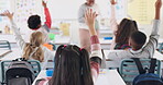 Back, children and raised hand for question in classroom with answer, knowledge and learning in education. Students, diversity group and curious at school with study, solution and feedback for exam