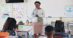 Knowledge, black woman and teacher in classroom, conversation and learning with whiteboard. African person, teaching or educator with students, education or storytelling for creativity or information