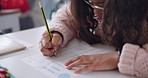 Hands, education and girl with notebook, writing and learning with information, child development and growth. Closeup, student and kid with studying, school and test with assignment and examination