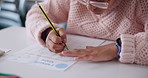 Hands, school and girl with notebook, writing and learning with information, child development and growth. Closeup, student and smart kid with studying, education and test with assignment and pencil