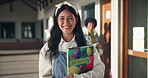 Smile, girl and face of student on high school with chemistry book for learning, growth and development for study. Female learner, portrait and textbook on campus for knowledge, science and education