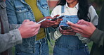 People, friends and smile with smartphones as college students for networking and communication. Gen z, university and happy for social media memes or funny videos on break with jokes and texting