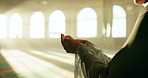 Islam, prayer and hands of woman in mosque for worship, spiritual inclusion or holy praise to Allah at Ramadan. Culture, respect and Muslim girl for gratitude, dua and commitment to faith in religion