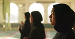 Islam, prayer and group of women in mosque for worship, spiritual inclusion or holy praise to Allah at Eid. Culture, respect and Muslim people with gratitude, dua and commitment to faith in religion