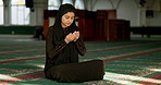 Muslim woman, pray and mosque with dua for forgiveness or faith in god, creator or Allah. Female person or young moslem in islam for worship, belief or cleanse for gratitude on carpet floor in temple