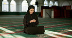 Muslim woman, praying and mosque with dua for forgiveness or faith in god, creator or Allah. Female person or young moslem in islam for worship, belief or hope for gratitude on carpet floor in temple