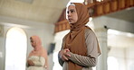 Woman, islam and dua in mosque with hijab for gratitude, peace and worship during eid mubarak. Female person, muslim and salat in Saudi Arabia with praying for religion, spiritual or faith in Allah