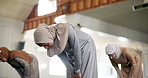 Faith, prayer and group of women in mosque for worship, spiritual inclusion or holy praise to Allah. Culture, respect and Muslim people with gratitude, morning dua and solidarity in Islamic religion