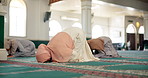 Faith, pray and group of women in mosque for worship, spiritual inclusion or holy praise to Allah. Culture, respect and Muslim people with gratitude, morning dua and solidarity in Islamic religion