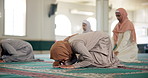 Dua, prayer and group of women in mosque for worship, spiritual inclusion or holy praise to Allah. Culture, respect and Muslim people with gratitude, morning faith and solidarity in Islamic religion