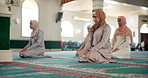 Culture, prayer and group of women in mosque for worship, spiritual inclusion or holy praise to Allah. Faith, respect and Muslim people with gratitude, morning dua and solidarity in Islamic religion