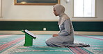 Quran, prayer and woman in mosque for reading, spiritual worship or praise in Islamic religion. Culture, respect and Muslim girl with gratitude, morning dua and holy book for studying faith in Allah