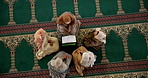 Quran, talking and group of women in mosque for spiritual worship, faith teaching and Islamic religion from above. Culture, respect and Muslim people on carpet with reading, morning dua and holy book