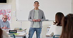 Boy, presentation and talking in classroom at high school with notes, opinion and project for storytelling. Teacher, writing and student with speech for exam, language and smile for public speaking