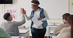 High five, classroom and teacher with test results for assignment, examination and assessment. Education, school and woman with students report for course lesson, study quiz and learning in college