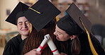 Friends, university and women hug for graduation, academic ceremony and achievement. College scholarship, education and students embrace with certificate on campus for education, learning and success