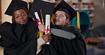 Friends, college and students hug for graduation, academic ceremony and achievement. University scholarship, education and women embrace with certificate on campus for education, learning and success