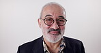 Fashion, portrait or senior man in studio with glasses, smile and calm on white background. Retired writer, male person and new frames for vision with happiness, positivity and successful retirement