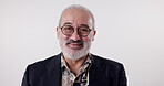 Fashion, portrait of happy senior man in studio with glasses, smile or pride on white background. Retired writer, male person or new frames for vision with positivity, health or successful retirement