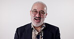 Laugh, fashion and portrait of senior man in studio with glasses, smile or excited on white background. Retired writer, male person or happiness with style for comedy, funny story or good memories