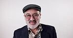 Fashion, portrait or happy senior man in studio with glasses, smile or excited on white background. Retired writer, male person or new frames for vision with laughter, health or successful retirement