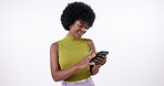 Phone, smile and black woman in studio networking online for communication or notification. Gen z, happy and African female influencer scroll on internet for trends with cellphone by white background