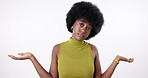 Black woman, clueless and question with hands out for decision, choice or options on a white studio background. Portrait of young African or female person with palm or afro in unsure, doubt or offer