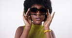 Fashion, portrait and black woman with sunglasses in studio isolated on white background. Face, shades and cool African person with style or trendy accessory of confident model on backdrop in Kenya