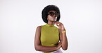 Black girl, afro and sunglasses for fashion in studio on isolated white background with outfit. Woman, arms crossed and confident in trendy or colorful style, summer clothes and designer brand