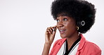 Black girl, consulting and studio smile for call center work, telemarketing career and virtual assistant for inbound sales company. Woman, white background and mockup for contact us, faq and crm.